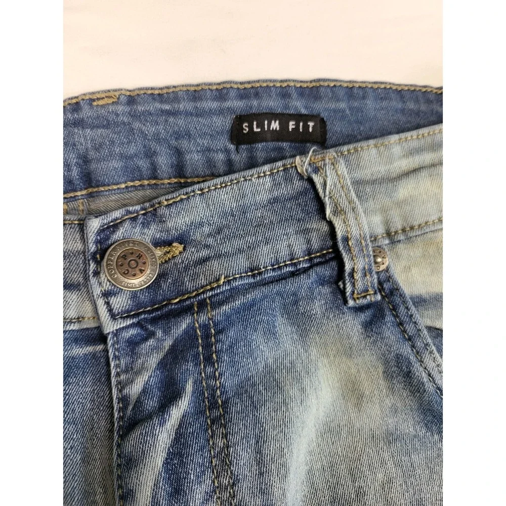 Copper Rivet Mens Slim Fit Distressed Light Wash Blue Moto Denim Jeans 38x32